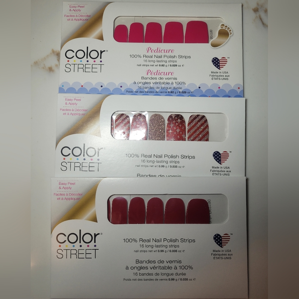 3 NEW Color Street packages: 1 pedicure set and 2 nail sets